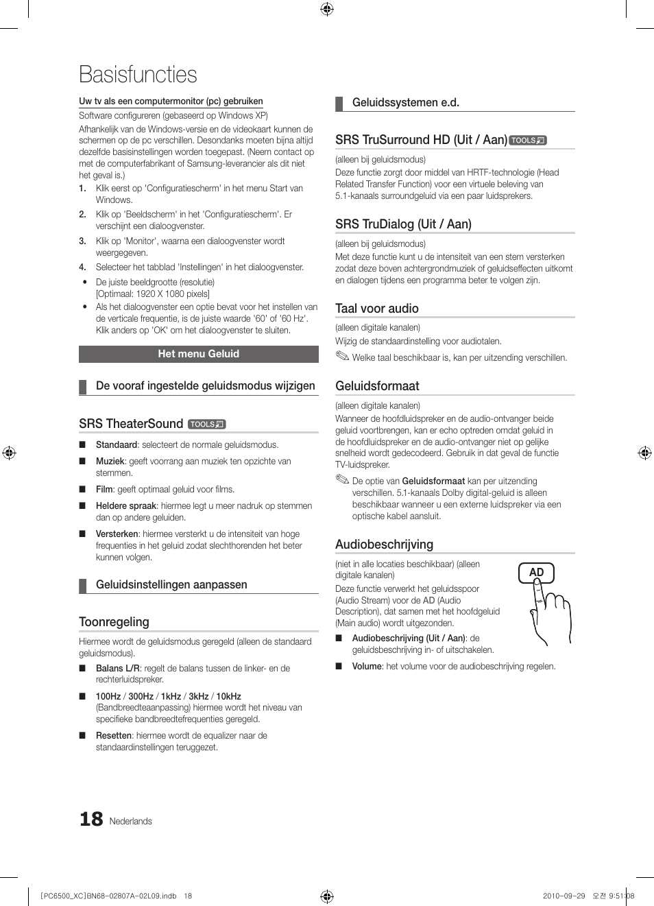 Basisfuncties, Srs theatersound, Toonregeling | Srs trusurround hd (uit / aan), Srs trudialog (uit / aan), Taal voor audio, Geluidsformaat, Audiobeschrijving | Samsung PS50C6500TW User Manual | Page 183 / 499