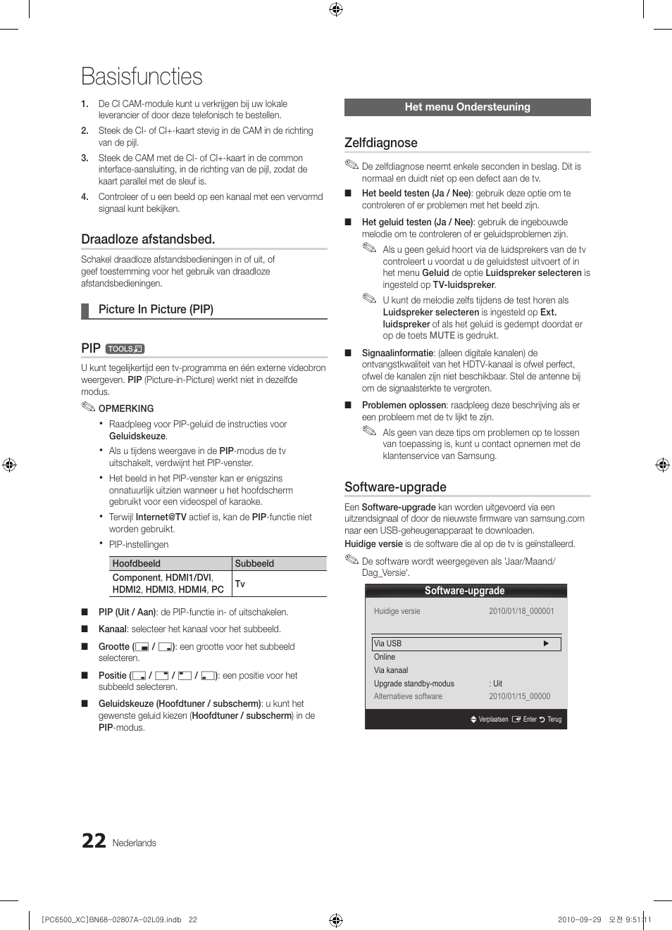 Basisfuncties, Draadloze afstandsbed, Zelfdiagnose | Software-upgrade | Samsung PS50C6500TW User Manual | Page 187 / 499