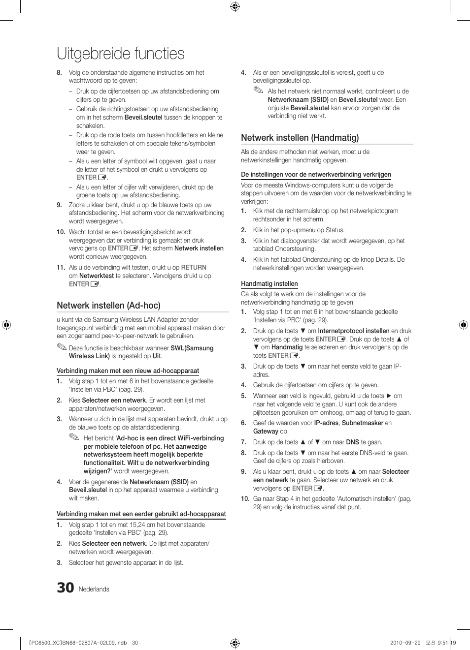 Uitgebreide functies, Netwerk instellen (ad-hoc), Netwerk instellen (handmatig) | Samsung PS50C6500TW User Manual | Page 195 / 499