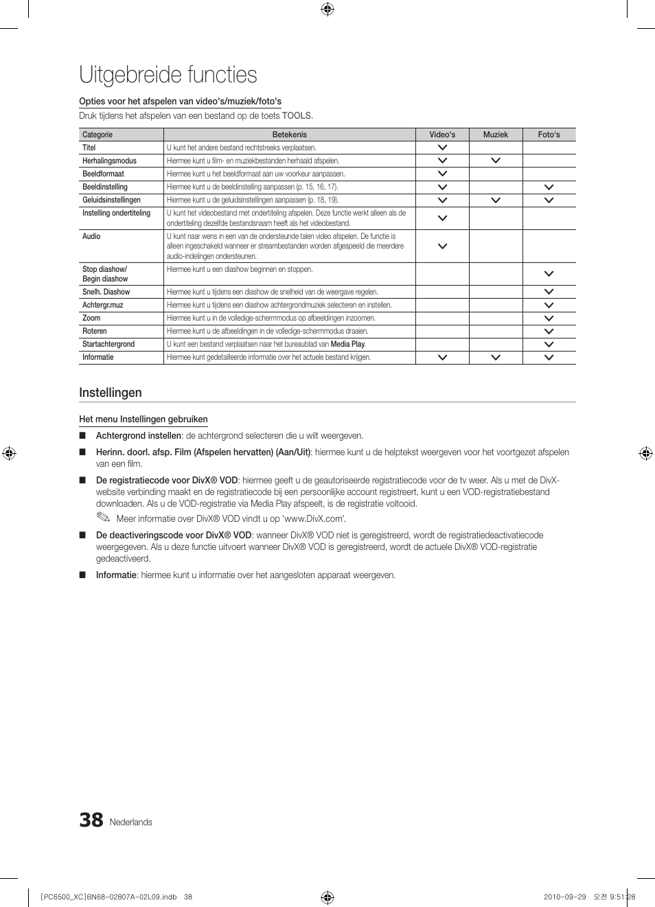 Uitgebreide functies, Instellingen | Samsung PS50C6500TW User Manual | Page 203 / 499