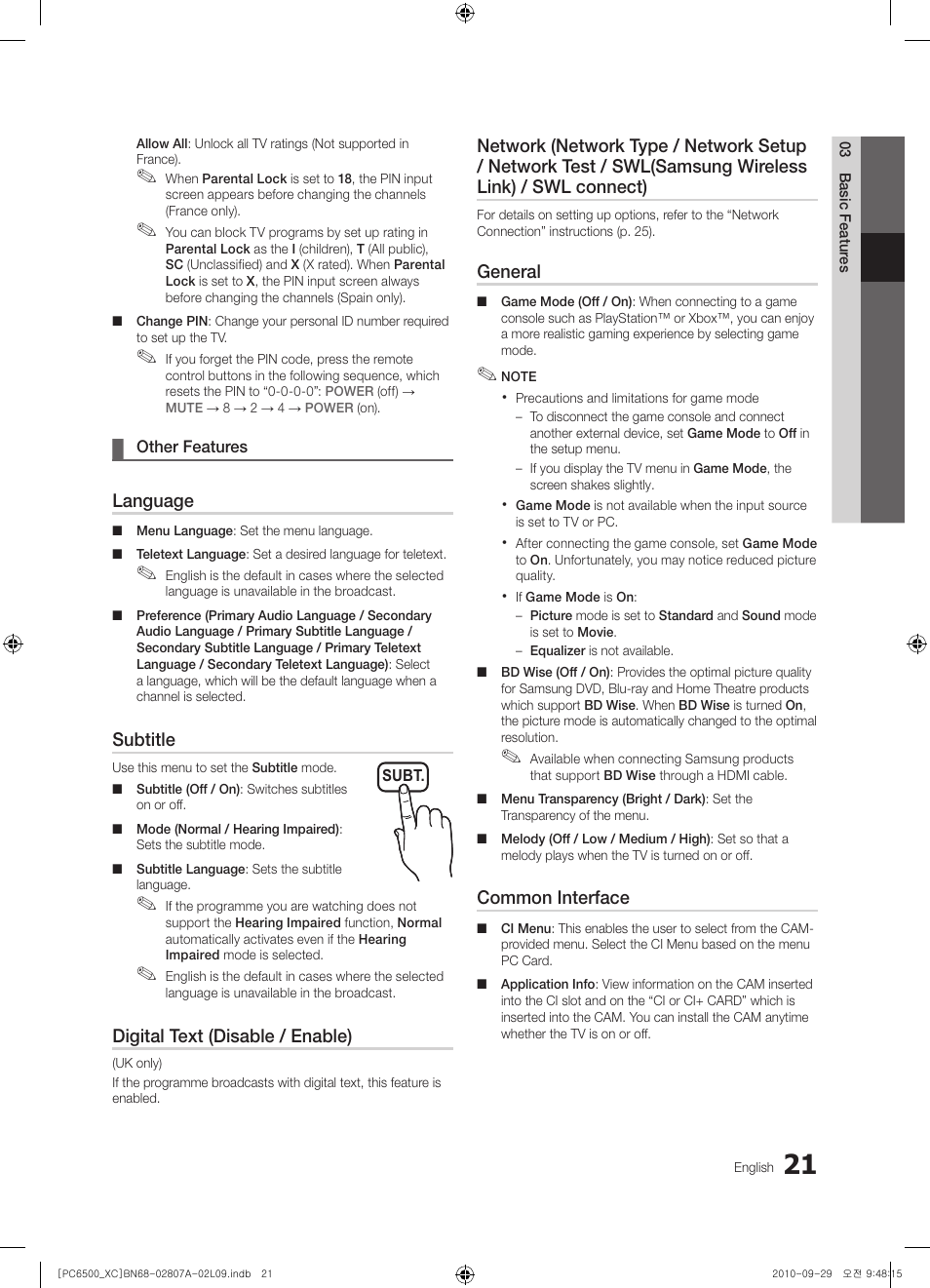 Language, Subtitle, Digital text (disable / enable) | General, Common interface | Samsung PS50C6500TW User Manual | Page 21 / 499