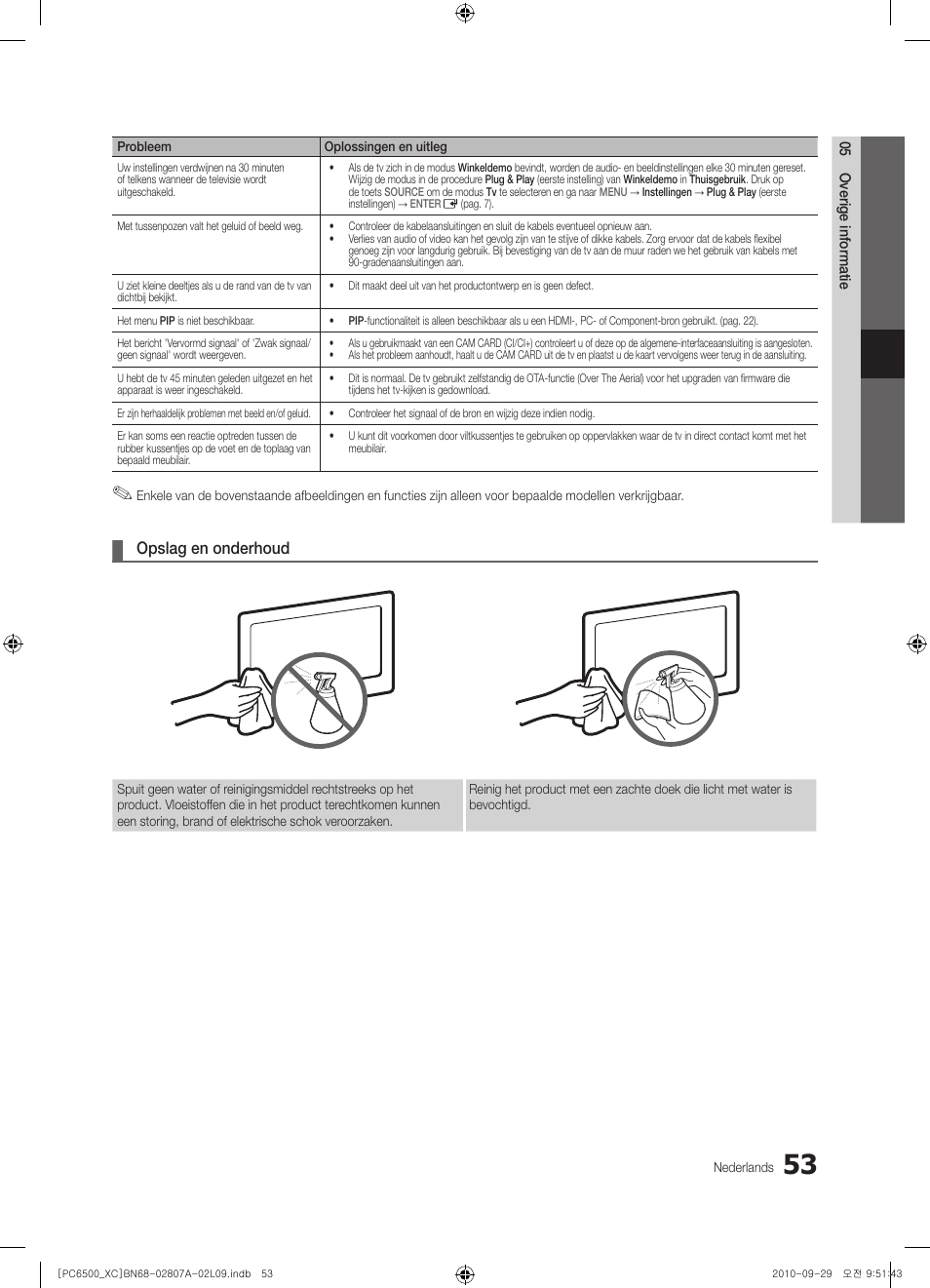 Opslag en onderhoud | Samsung PS50C6500TW User Manual | Page 218 / 499