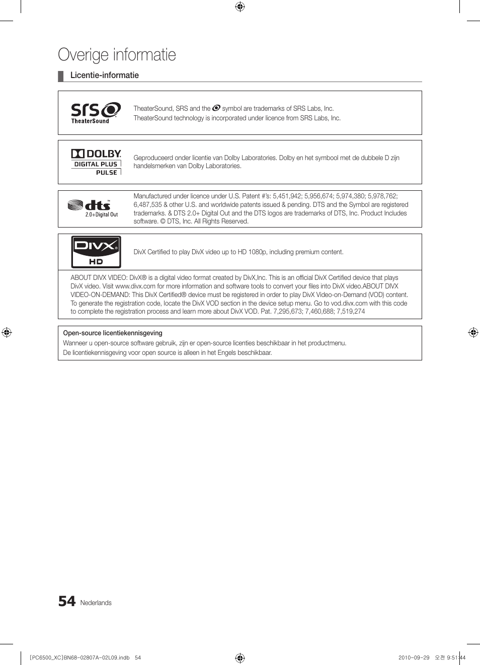 Overige informatie | Samsung PS50C6500TW User Manual | Page 219 / 499