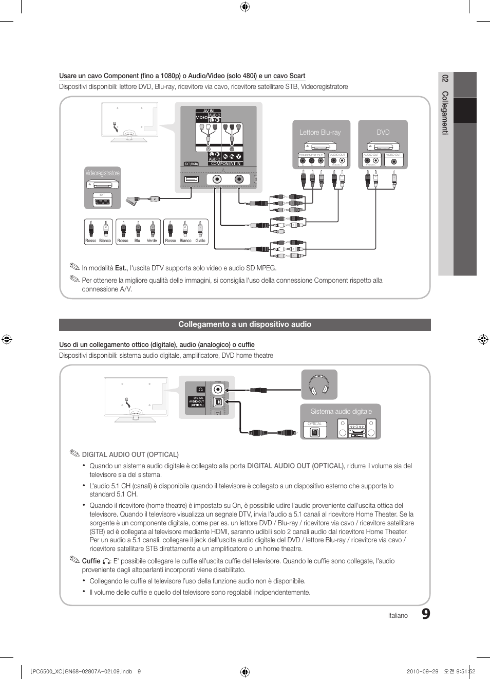 02 collegamenti, Collegamento a un dispositivo audio | Samsung PS50C6500TW User Manual | Page 229 / 499