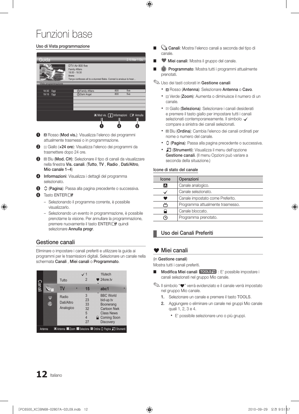 Funzioni base, Gestione canali, Miei canali | Uso dei canali preferiti | Samsung PS50C6500TW User Manual | Page 232 / 499