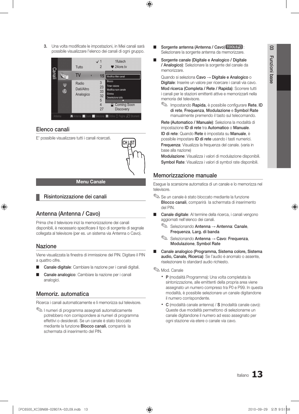 Elenco canali, Antenna (antenna / cavo), Nazione | Samsung PS50C6500TW User Manual | Page 233 / 499