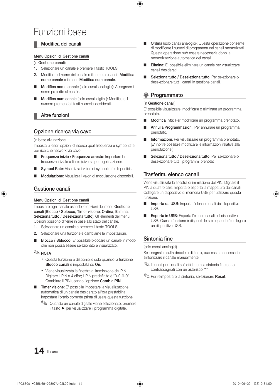 Funzioni base, Opzione ricerca via cavo, Gestione canali | Programmato, Trasferim. elenco canali, Sintonia fine | Samsung PS50C6500TW User Manual | Page 234 / 499