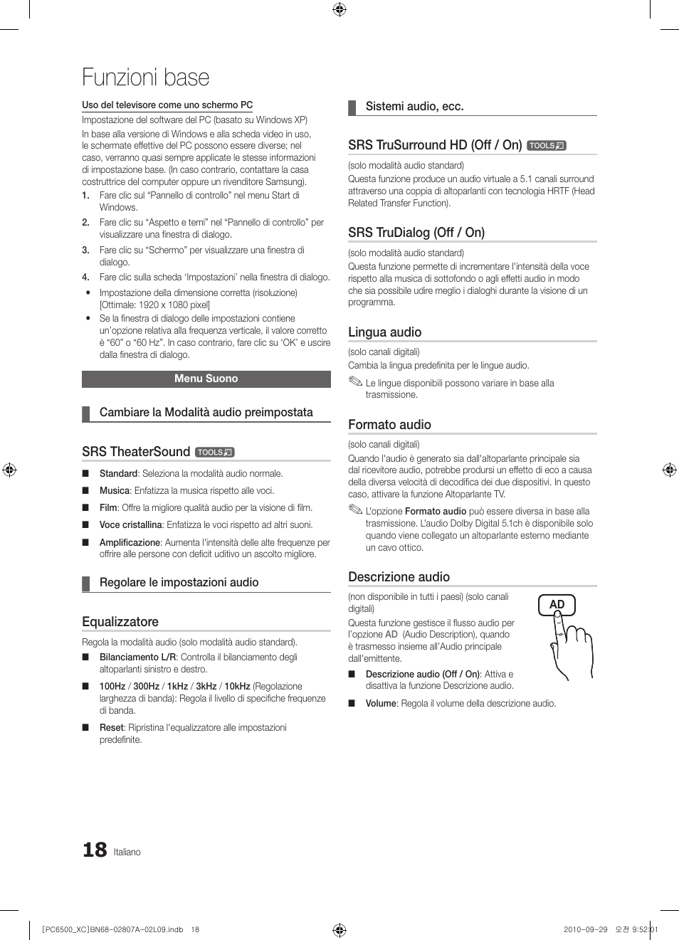 Funzioni base, Srs theatersound, Equalizzatore | Srs trusurround hd (off / on), Srs trudialog (off / on), Lingua audio, Formato audio, Descrizione audio | Samsung PS50C6500TW User Manual | Page 238 / 499