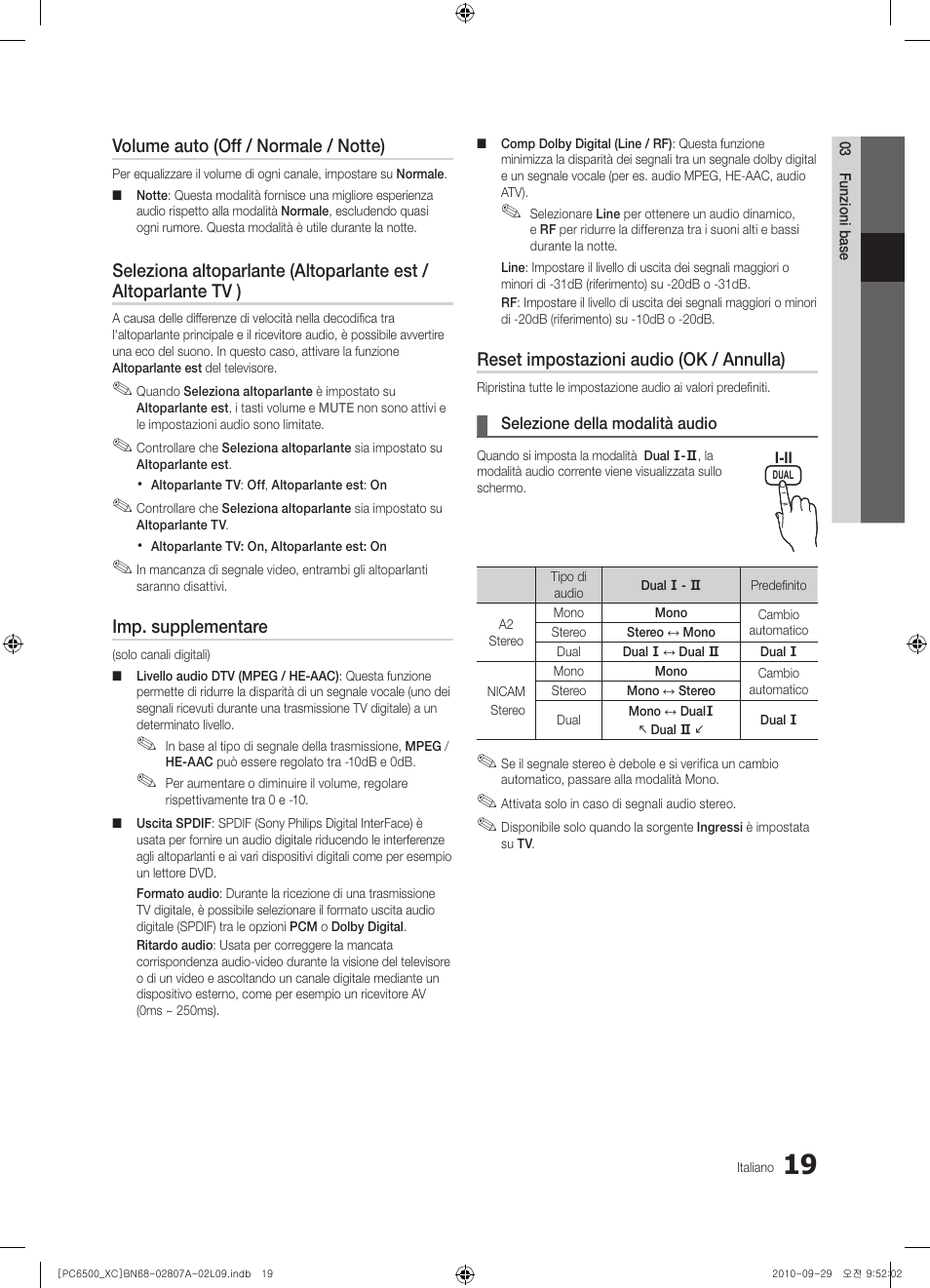 Volume auto (off / normale / notte), Imp. supplementare, Reset impostazioni audio (ok / annulla) | Samsung PS50C6500TW User Manual | Page 239 / 499