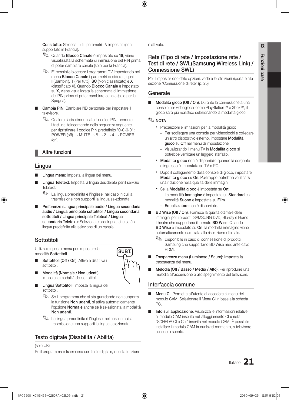 Lingua, Sottotitoli, Testo digitale (disabilita / abilita) | Generale, Interfaccia comune | Samsung PS50C6500TW User Manual | Page 241 / 499