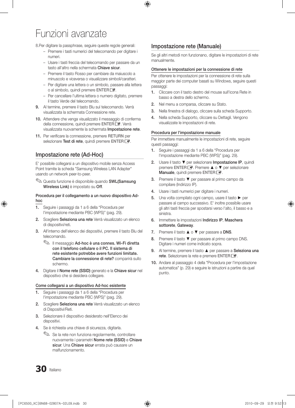 Funzioni avanzate, Impostazione rete (ad-hoc), Impostazione rete (manuale) | Samsung PS50C6500TW User Manual | Page 250 / 499