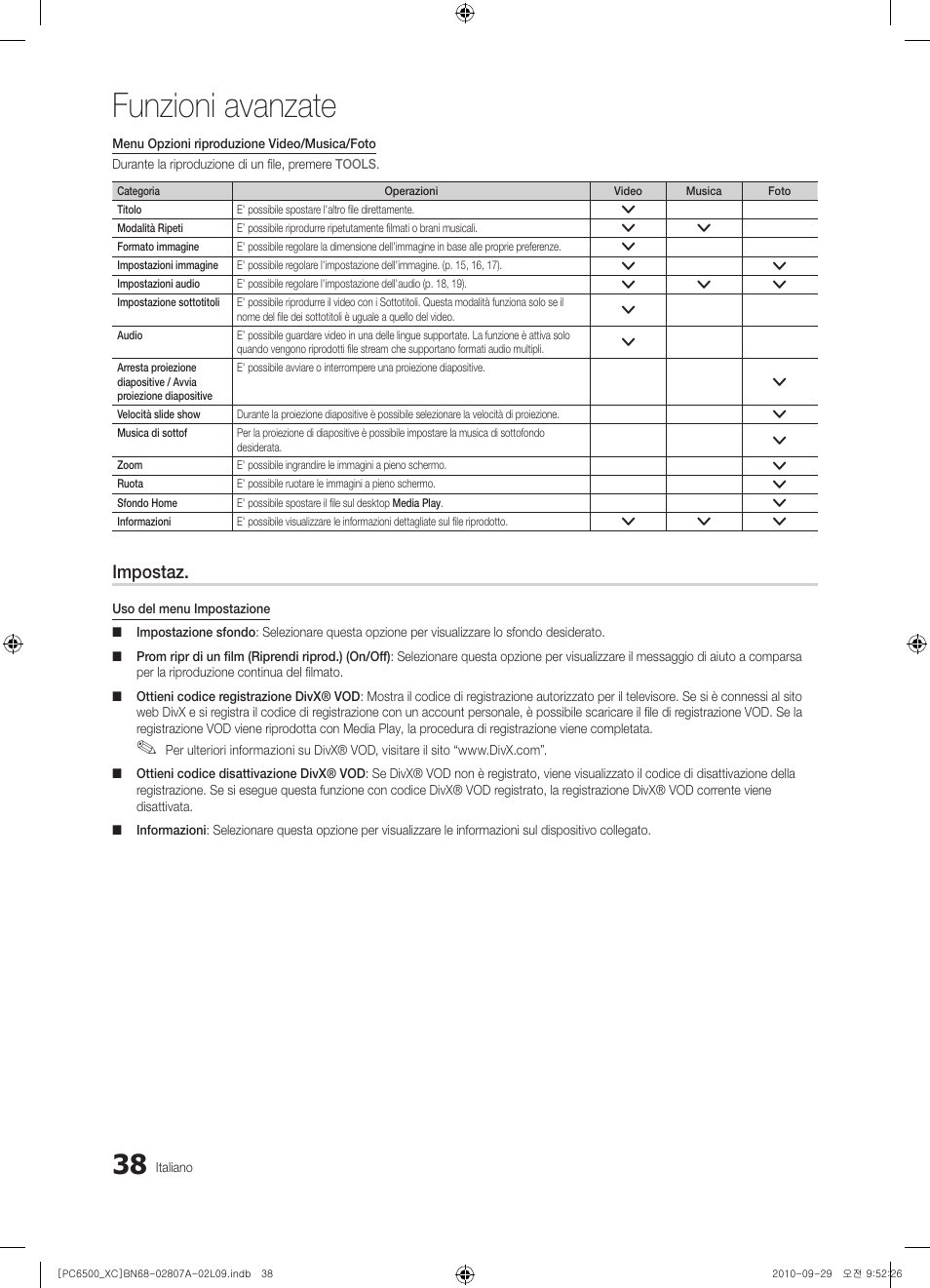 Funzioni avanzate, Impostaz | Samsung PS50C6500TW User Manual | Page 258 / 499