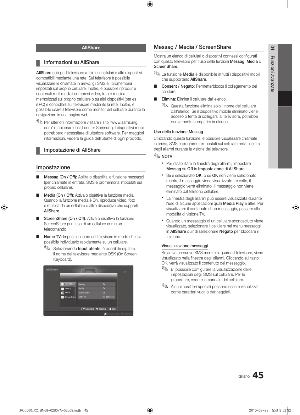 Impostazione, Messag / media / screenshare | Samsung PS50C6500TW User Manual | Page 265 / 499