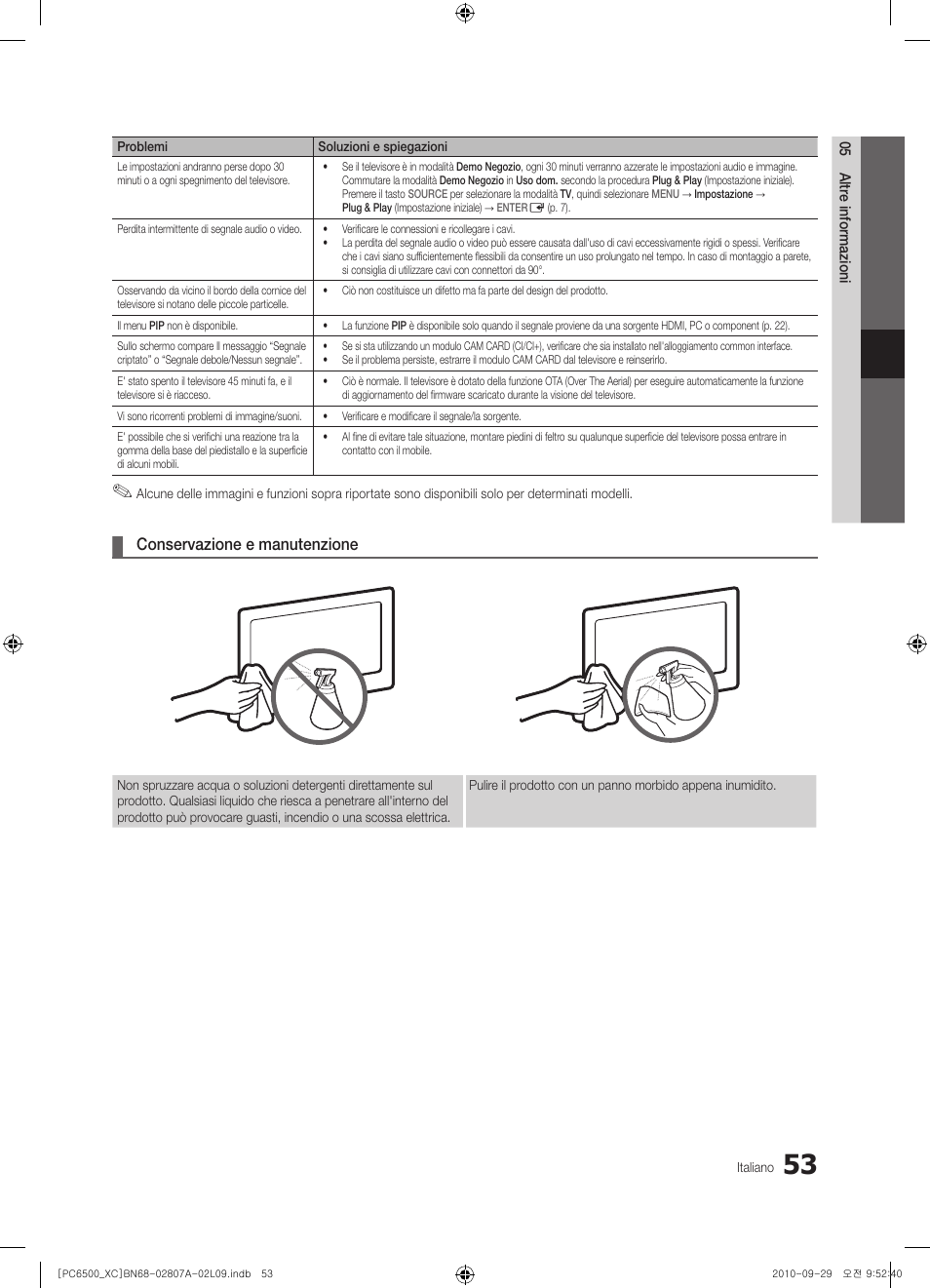 Conservazione e manutenzione | Samsung PS50C6500TW User Manual | Page 273 / 499