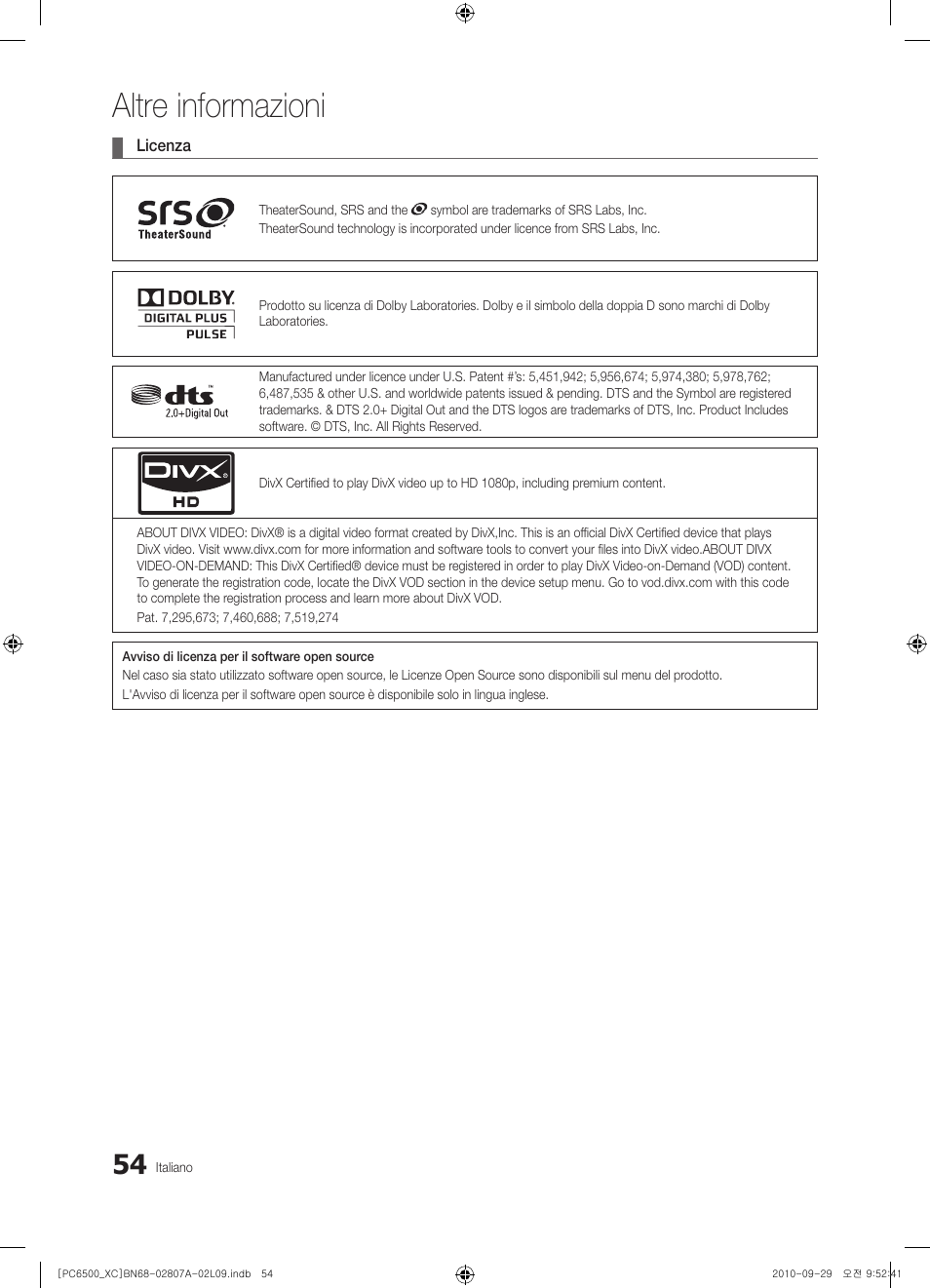 Altre informazioni | Samsung PS50C6500TW User Manual | Page 274 / 499