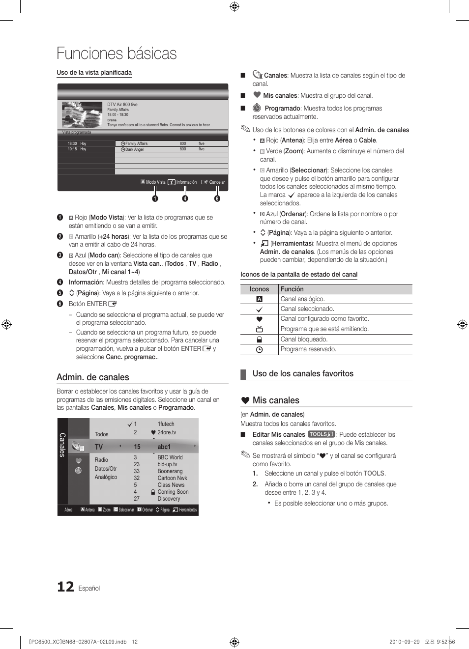 Funciones básicas, Admin. de canales, Mis canales | Uso de los canales favoritos | Samsung PS50C6500TW User Manual | Page 288 / 499