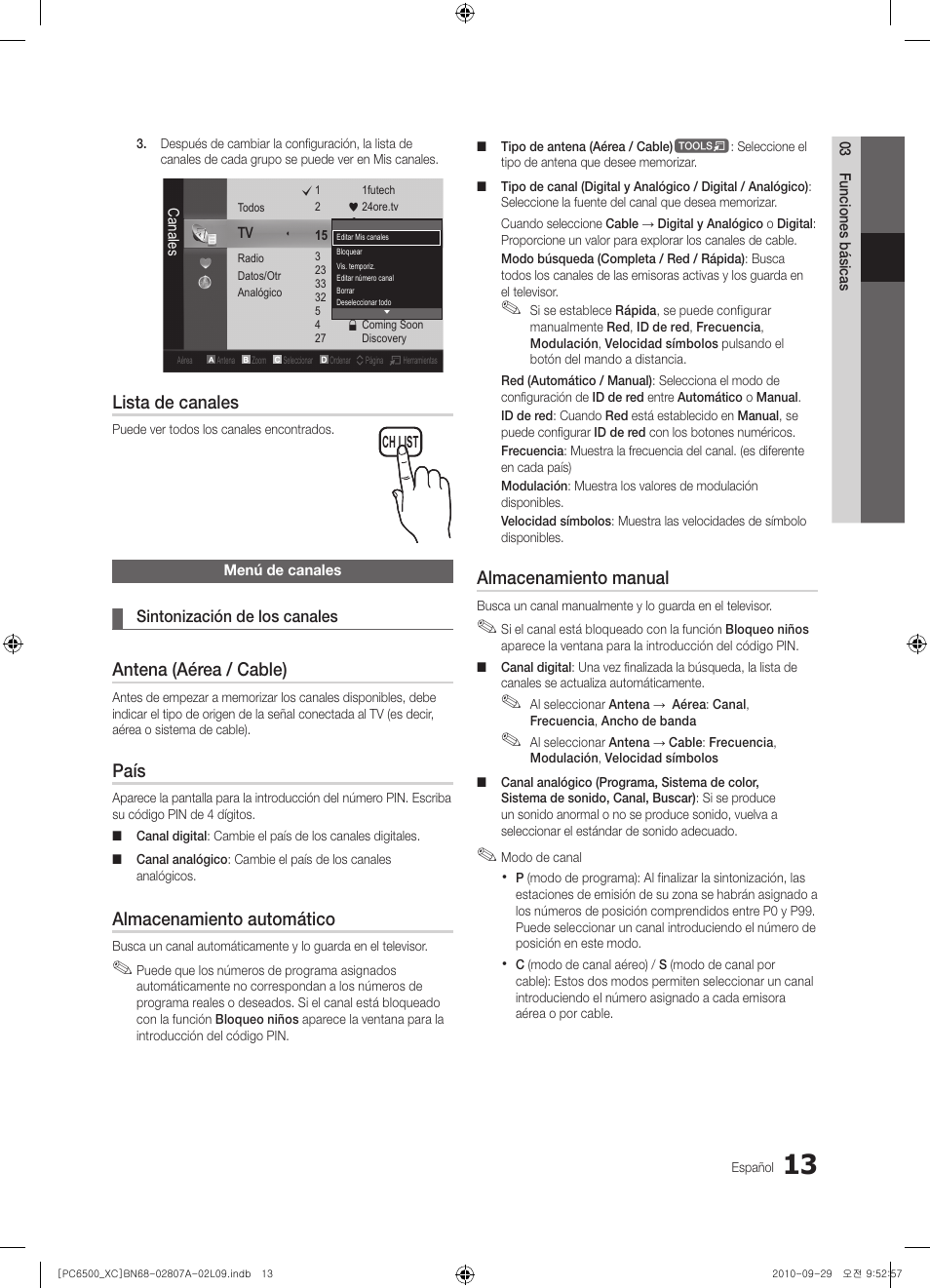 Lista de canales, Antena (aérea / cable), País | Almacenamiento automático, Almacenamiento manual | Samsung PS50C6500TW User Manual | Page 289 / 499