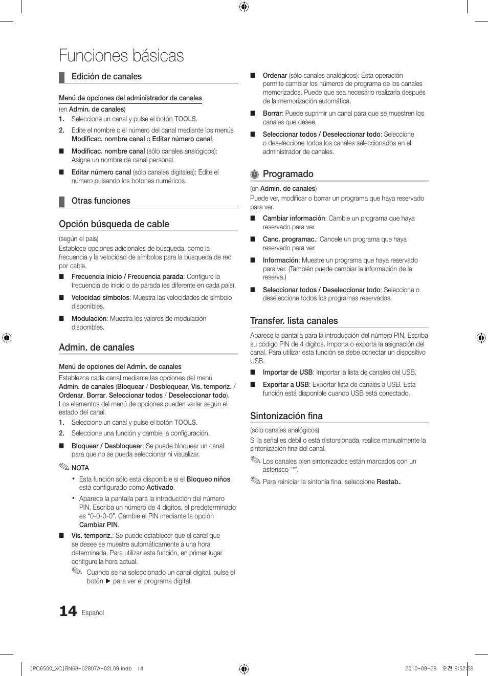 Funciones básicas, Opción búsqueda de cable, Admin. de canales | Programado, Transfer. lista canales, Sintonización fina | Samsung PS50C6500TW User Manual | Page 290 / 499