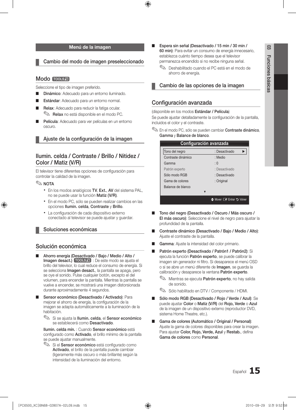 Modo, Solución económica, Configuración avanzada | Samsung PS50C6500TW User Manual | Page 291 / 499