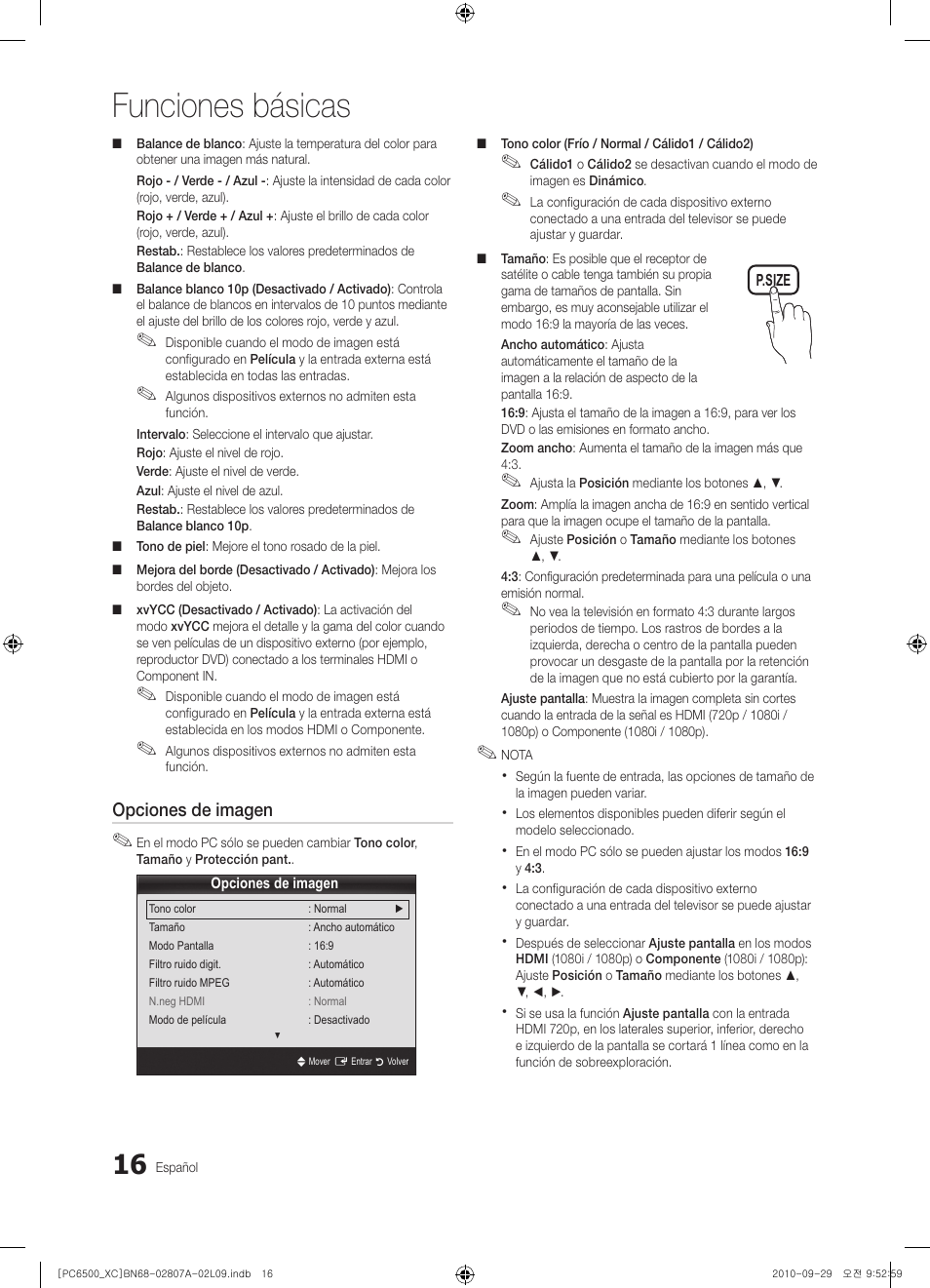 Funciones básicas | Samsung PS50C6500TW User Manual | Page 292 / 499