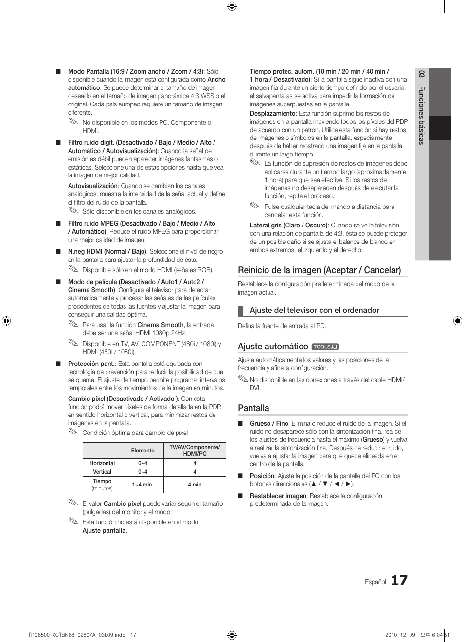 Reinicio de la imagen (aceptar / cancelar), Ajuste automático, Pantalla | Samsung PS50C6500TW User Manual | Page 293 / 499