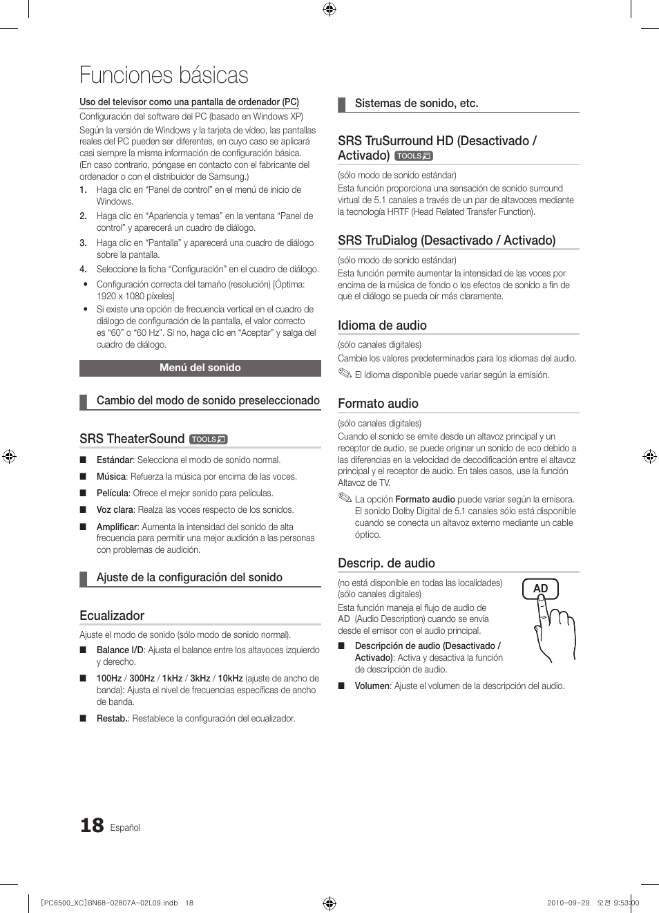 Funciones básicas, Srs theatersound, Ecualizador | Srs trusurround hd (desactivado / activado), Srs trudialog (desactivado / activado), Idioma de audio, Formato audio, Descrip. de audio | Samsung PS50C6500TW User Manual | Page 294 / 499