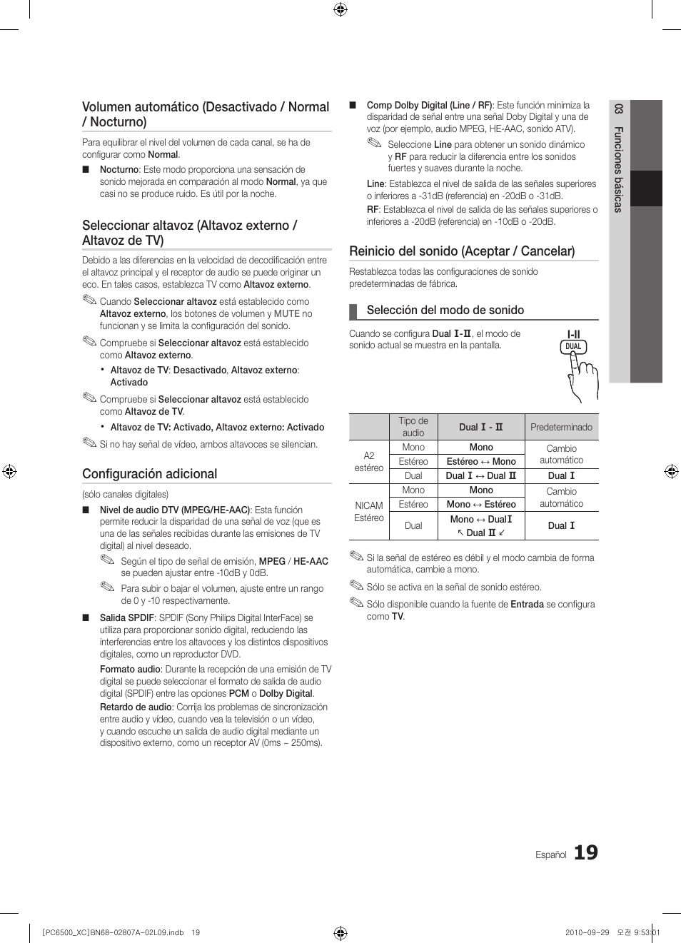 Configuración adicional, Reinicio del sonido (aceptar / cancelar) | Samsung PS50C6500TW User Manual | Page 295 / 499