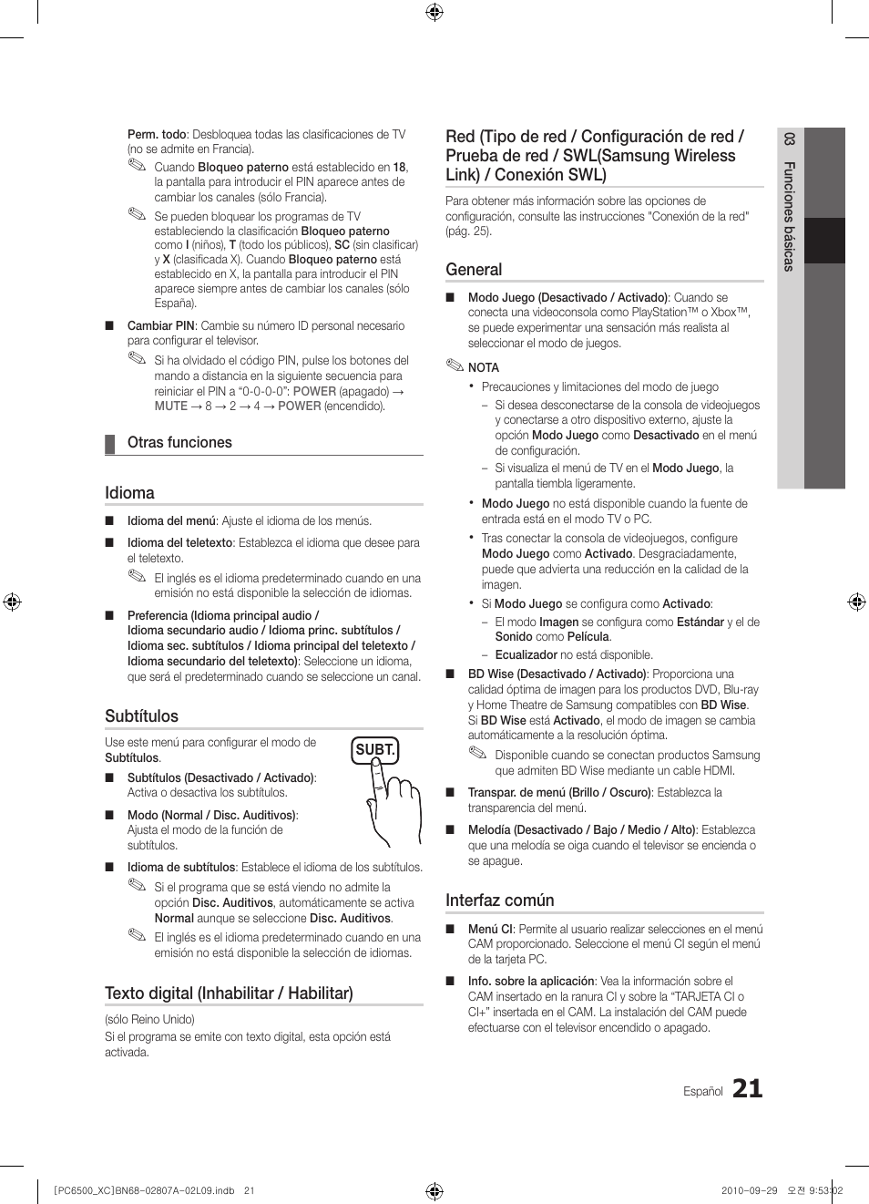 Idioma, Subtítulos, Texto digital (inhabilitar / habilitar) | General, Interfaz común | Samsung PS50C6500TW User Manual | Page 297 / 499