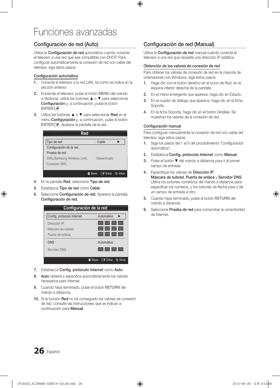 Funciones avanzadas, Configuración de red (auto), Configuración de red (manual) | Samsung PS50C6500TW User Manual | Page 302 / 499