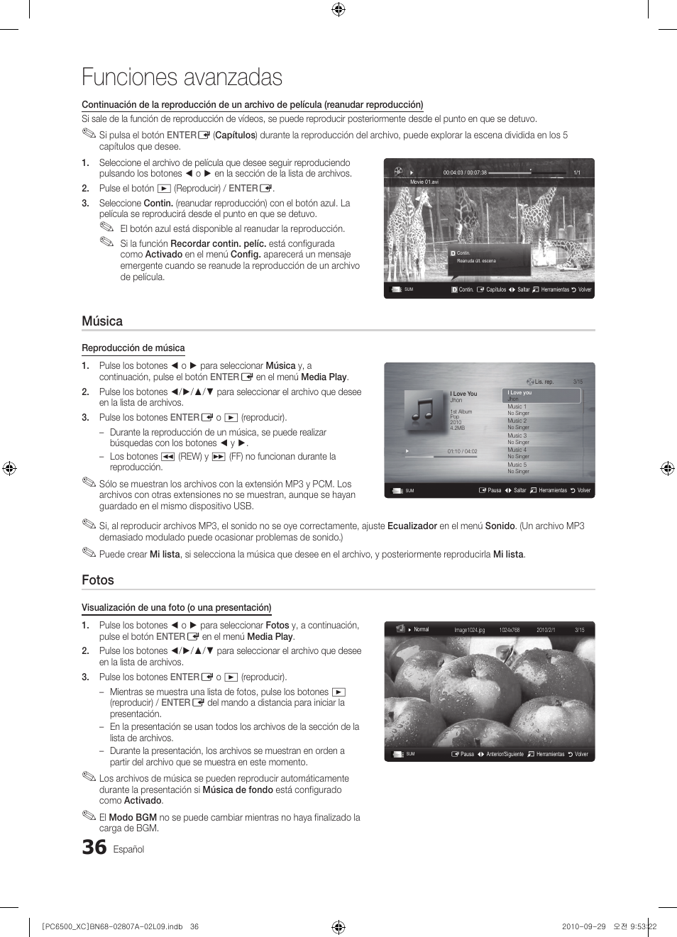 Funciones avanzadas, Música, Fotos | Samsung PS50C6500TW User Manual | Page 312 / 499