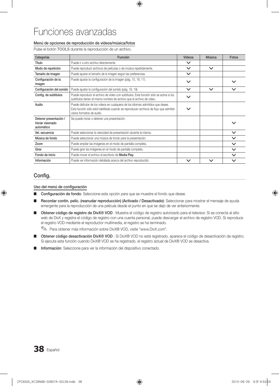 Funciones avanzadas, Config | Samsung PS50C6500TW User Manual | Page 314 / 499