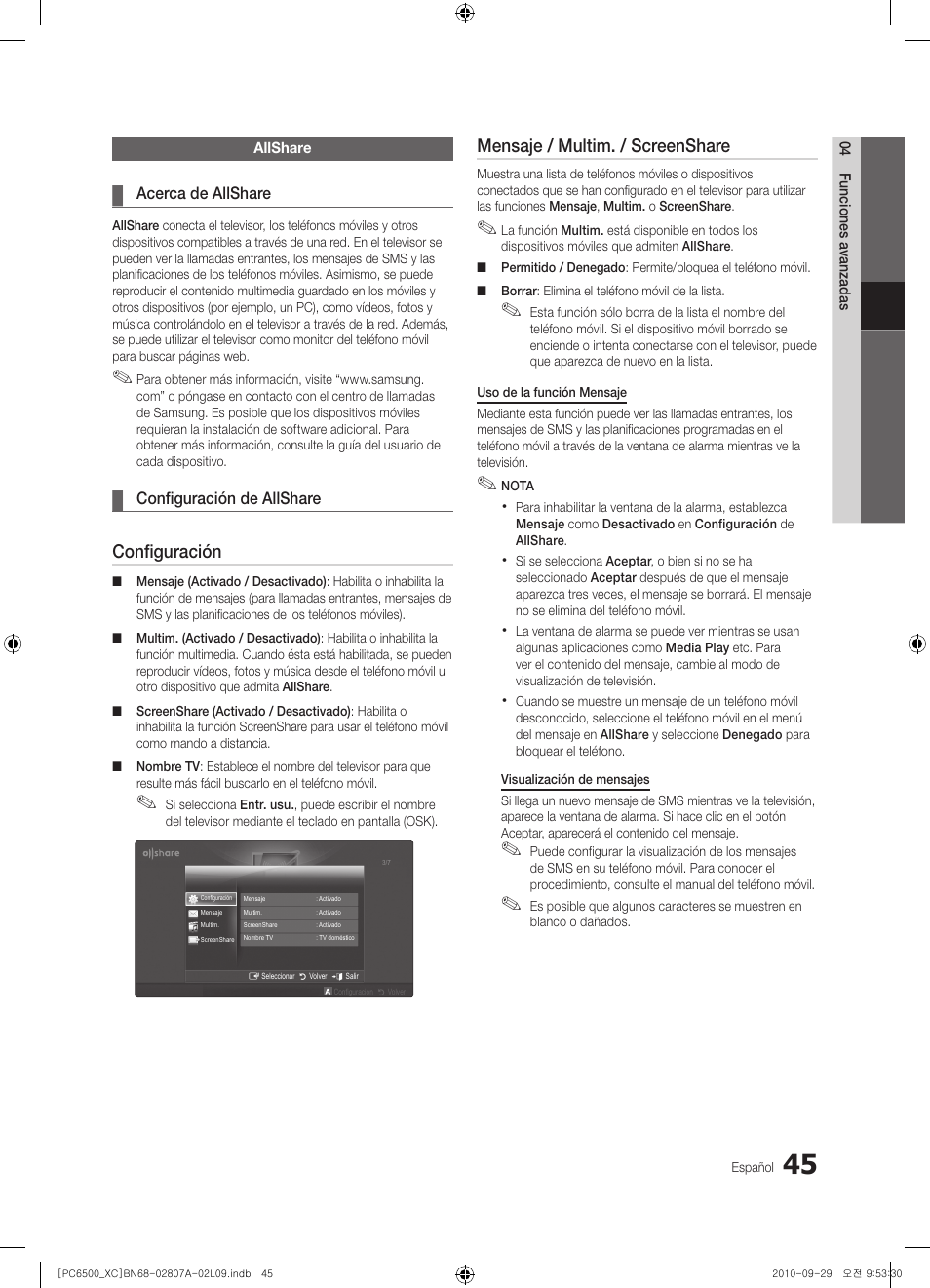 Configuración, Mensaje / multim. / screenshare | Samsung PS50C6500TW User Manual | Page 321 / 499