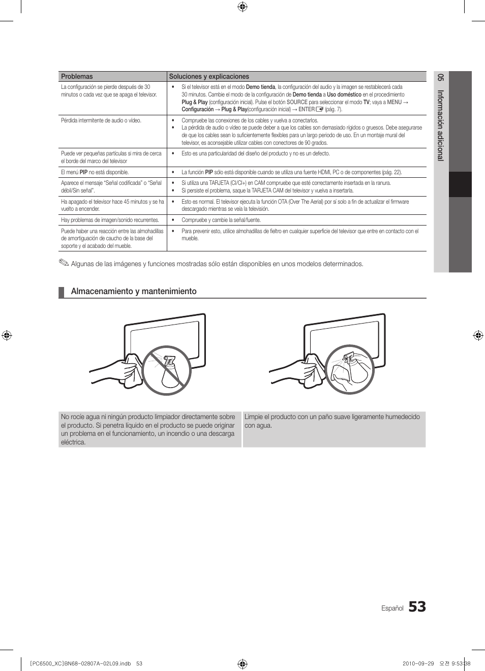 Almacenamiento y mantenimiento | Samsung PS50C6500TW User Manual | Page 329 / 499