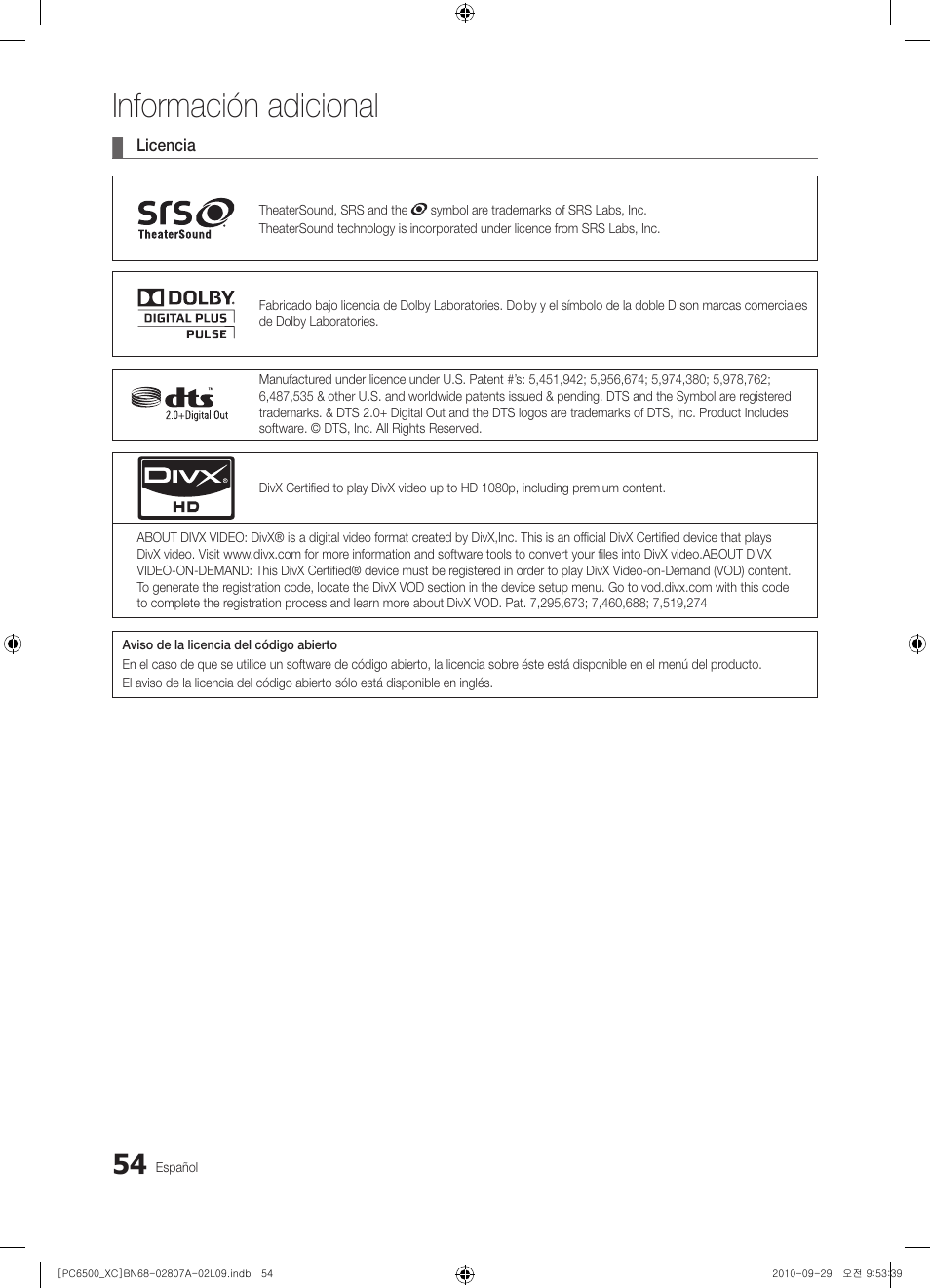 Información adicional | Samsung PS50C6500TW User Manual | Page 330 / 499