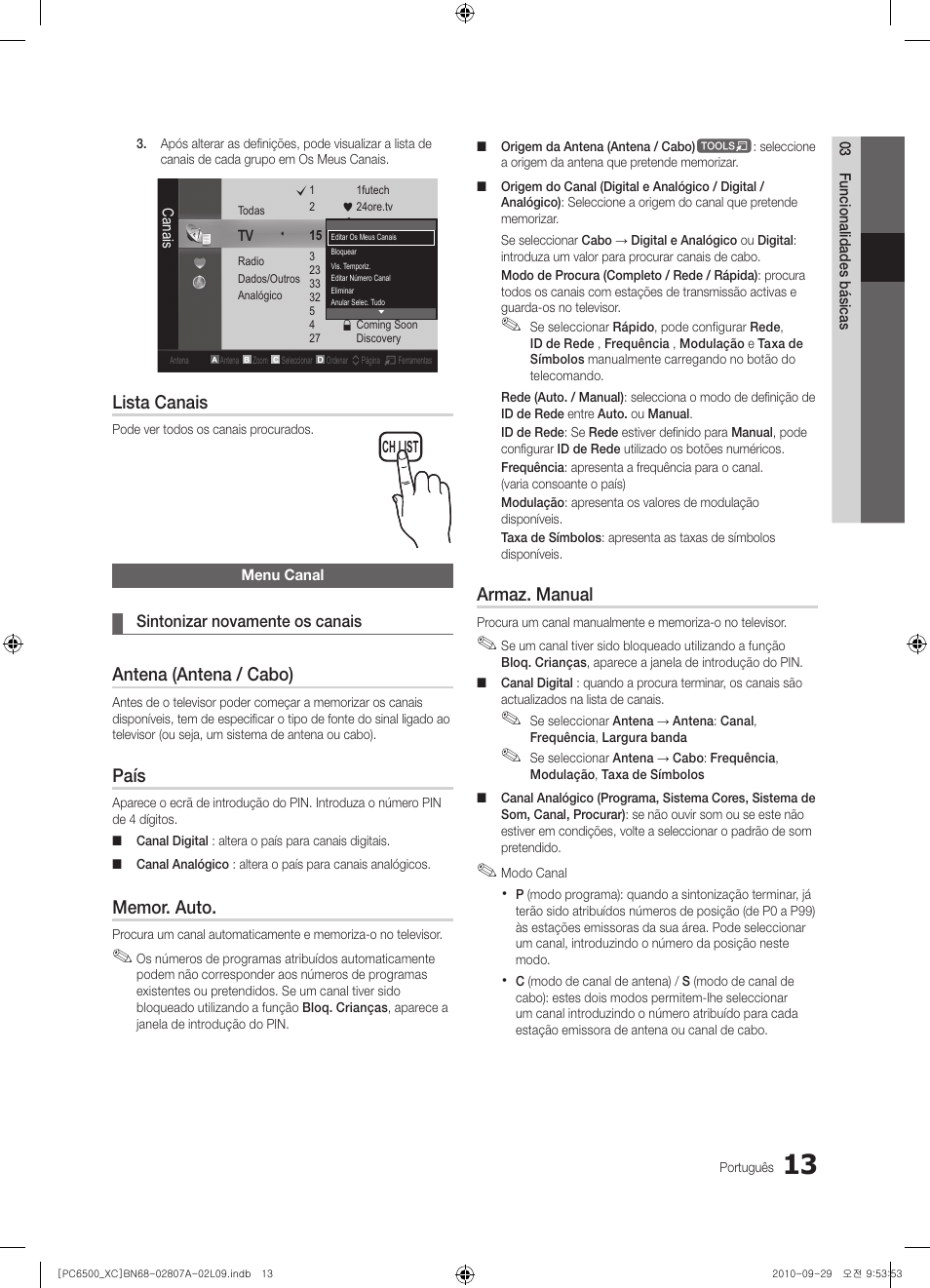 Lista canais, Antena (antena / cabo), País | Armaz. manual | Samsung PS50C6500TW User Manual | Page 344 / 499