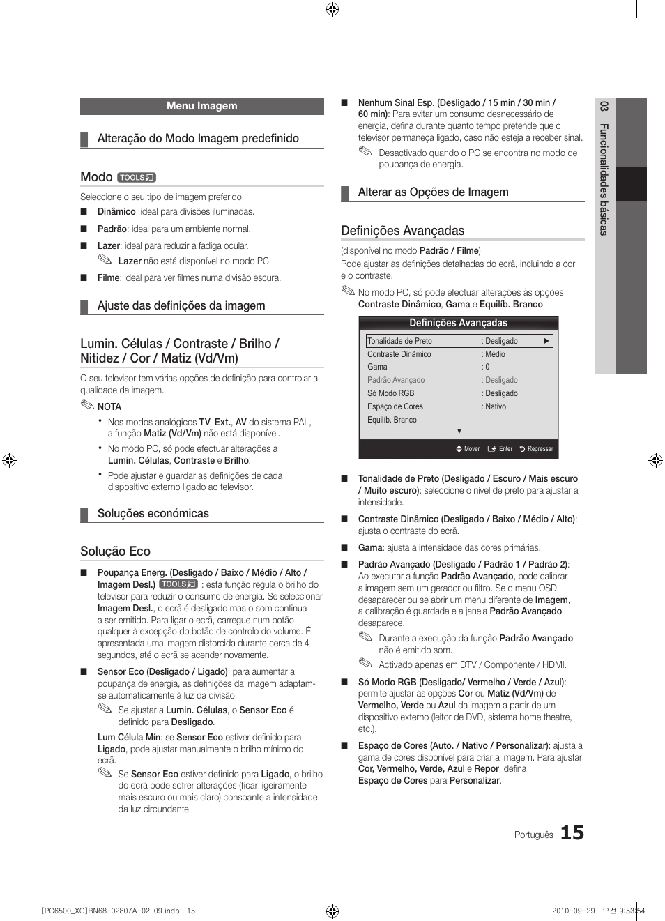 Modo, Solução eco, Definições avançadas | Samsung PS50C6500TW User Manual | Page 346 / 499