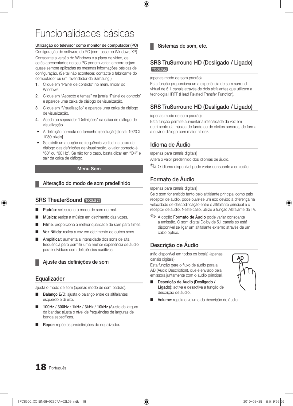 Funcionalidades básicas, Srs theatersound, Equalizador | Srs trusurround hd (desligado / ligado), Idioma de áudio, Formato de áudio, Descrição de áudio | Samsung PS50C6500TW User Manual | Page 349 / 499