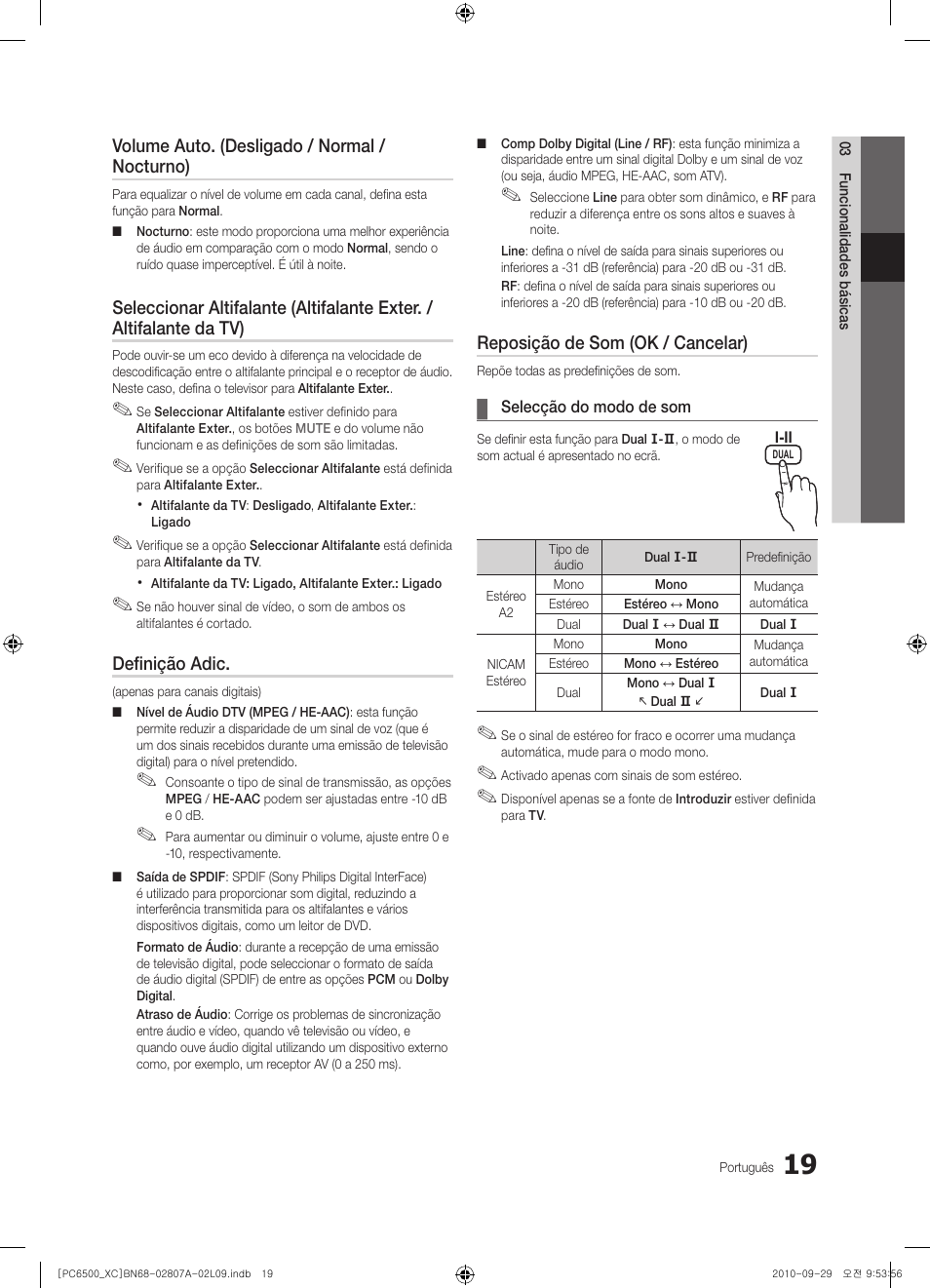 Volume auto. (desligado / normal / nocturno), Definição adic, Reposição de som (ok / cancelar) | Samsung PS50C6500TW User Manual | Page 350 / 499