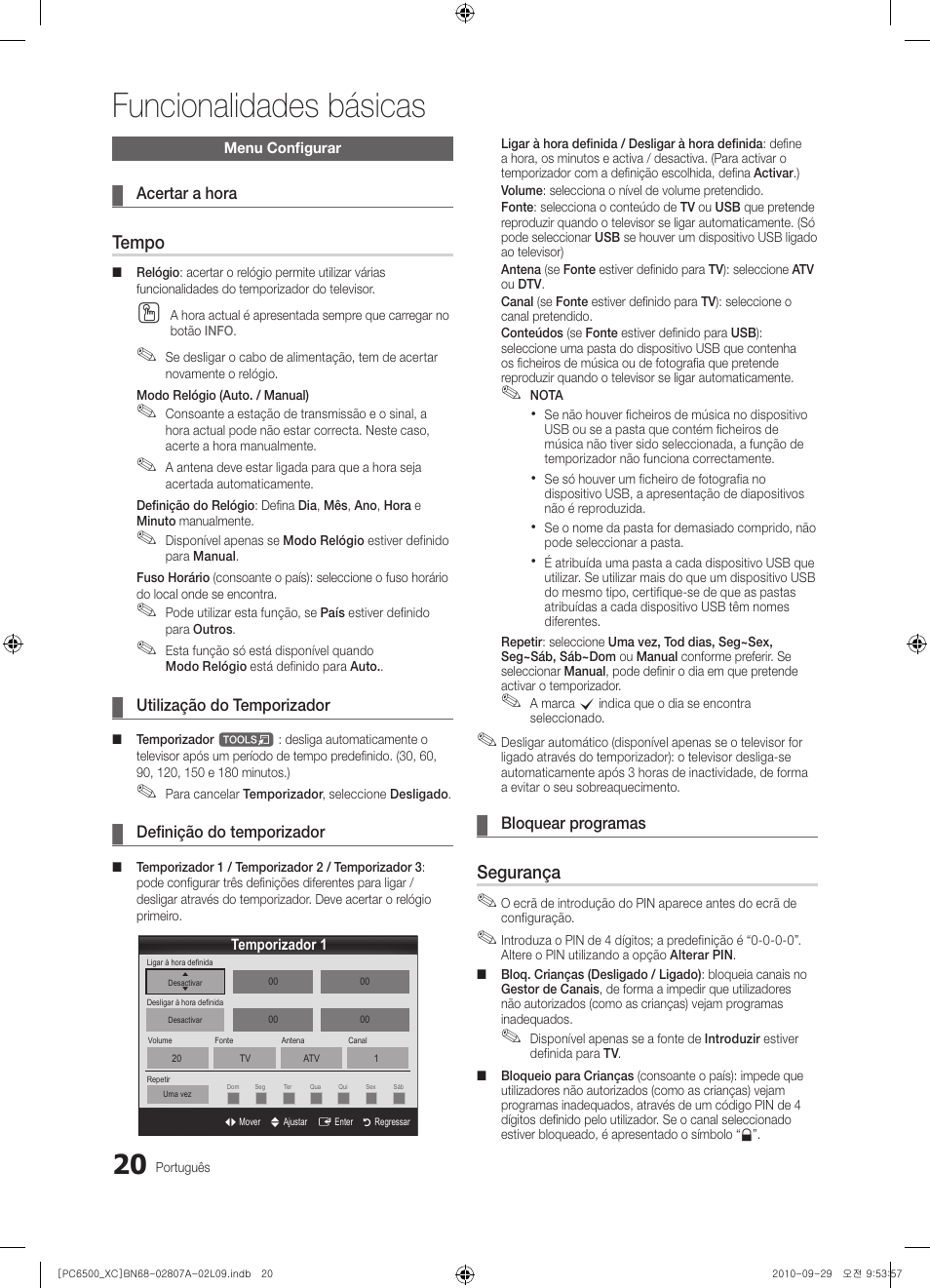 Funcionalidades básicas, Tempo, Segurança | Samsung PS50C6500TW User Manual | Page 351 / 499