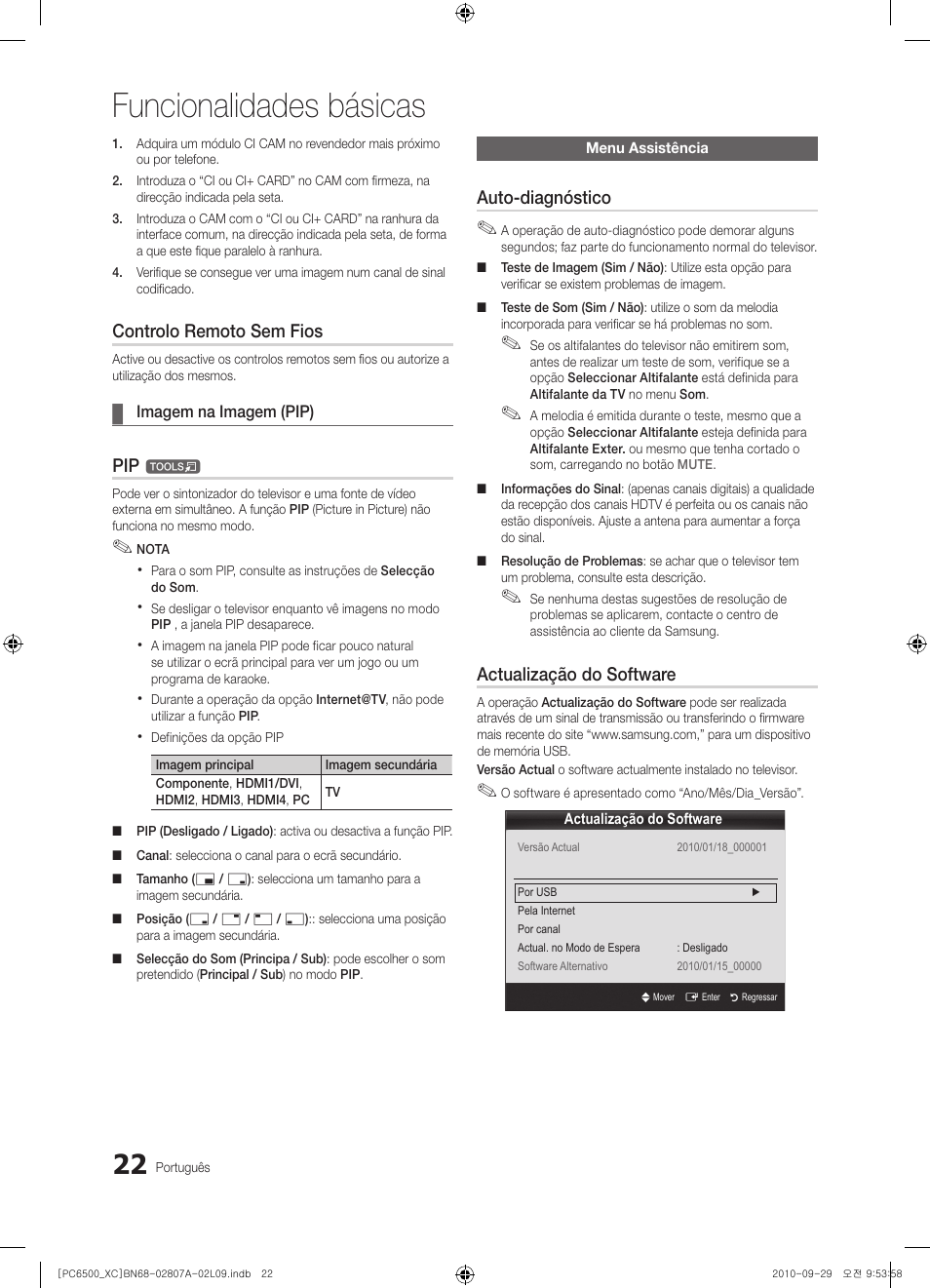 Funcionalidades básicas, Controlo remoto sem fios, Auto-diagnóstico | Actualização do software | Samsung PS50C6500TW User Manual | Page 353 / 499