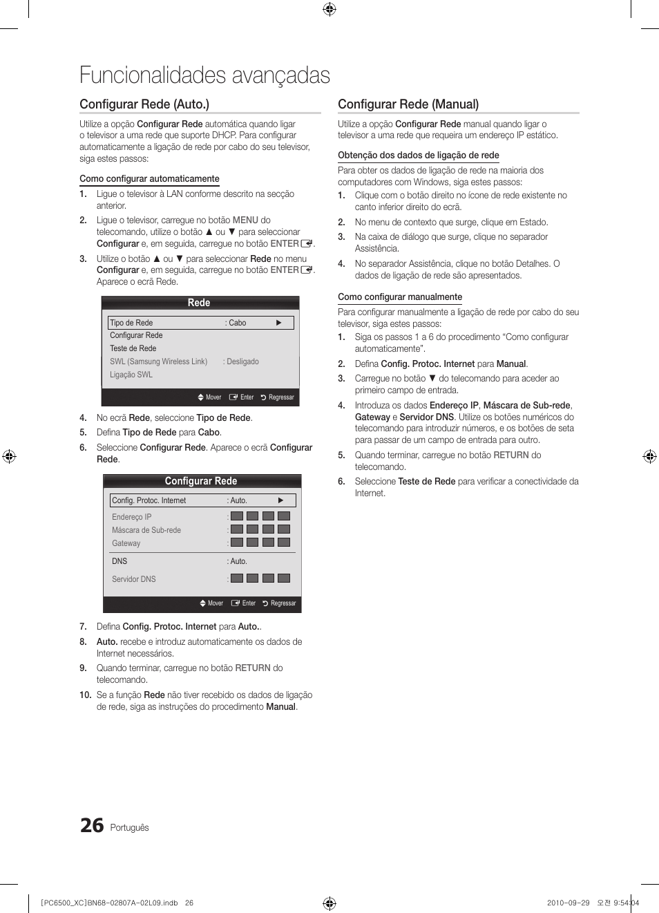 Funcionalidades avançadas, Configurar rede (auto.), Configurar rede (manual) | Samsung PS50C6500TW User Manual | Page 357 / 499