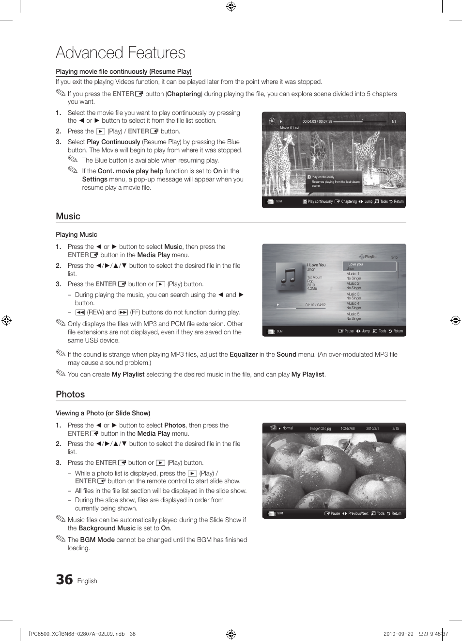 Advanced features, Music, Photos | Samsung PS50C6500TW User Manual | Page 36 / 499