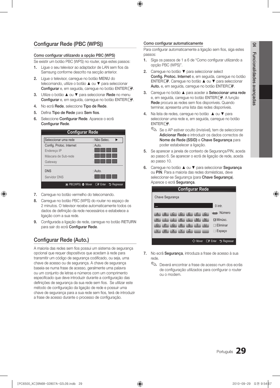 Configurar rede (pbc (wps)), Configurar rede (auto.) | Samsung PS50C6500TW User Manual | Page 360 / 499