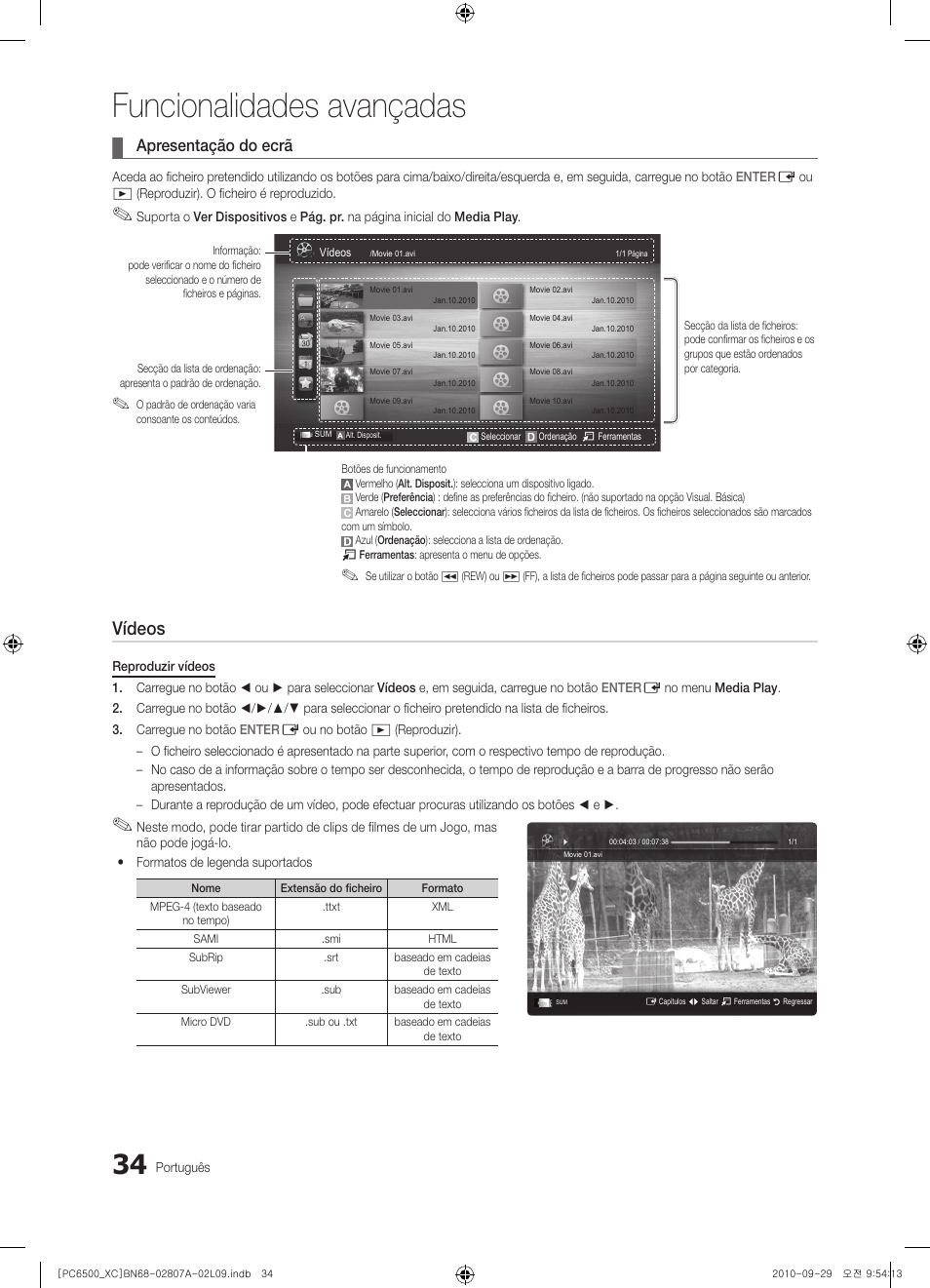 Funcionalidades avançadas, Vídeos, Apresentação do ecrã | Samsung PS50C6500TW User Manual | Page 365 / 499