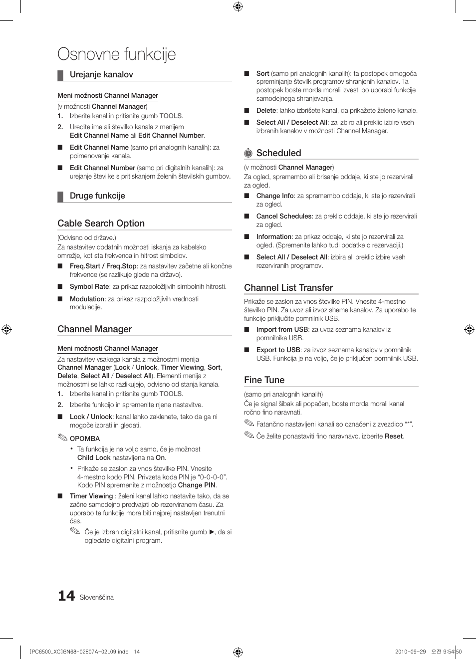 Osnovne funkcije, Cable search option, Channel manager | Scheduled, Channel list transfer, Fine tune | Samsung PS50C6500TW User Manual | Page 400 / 499