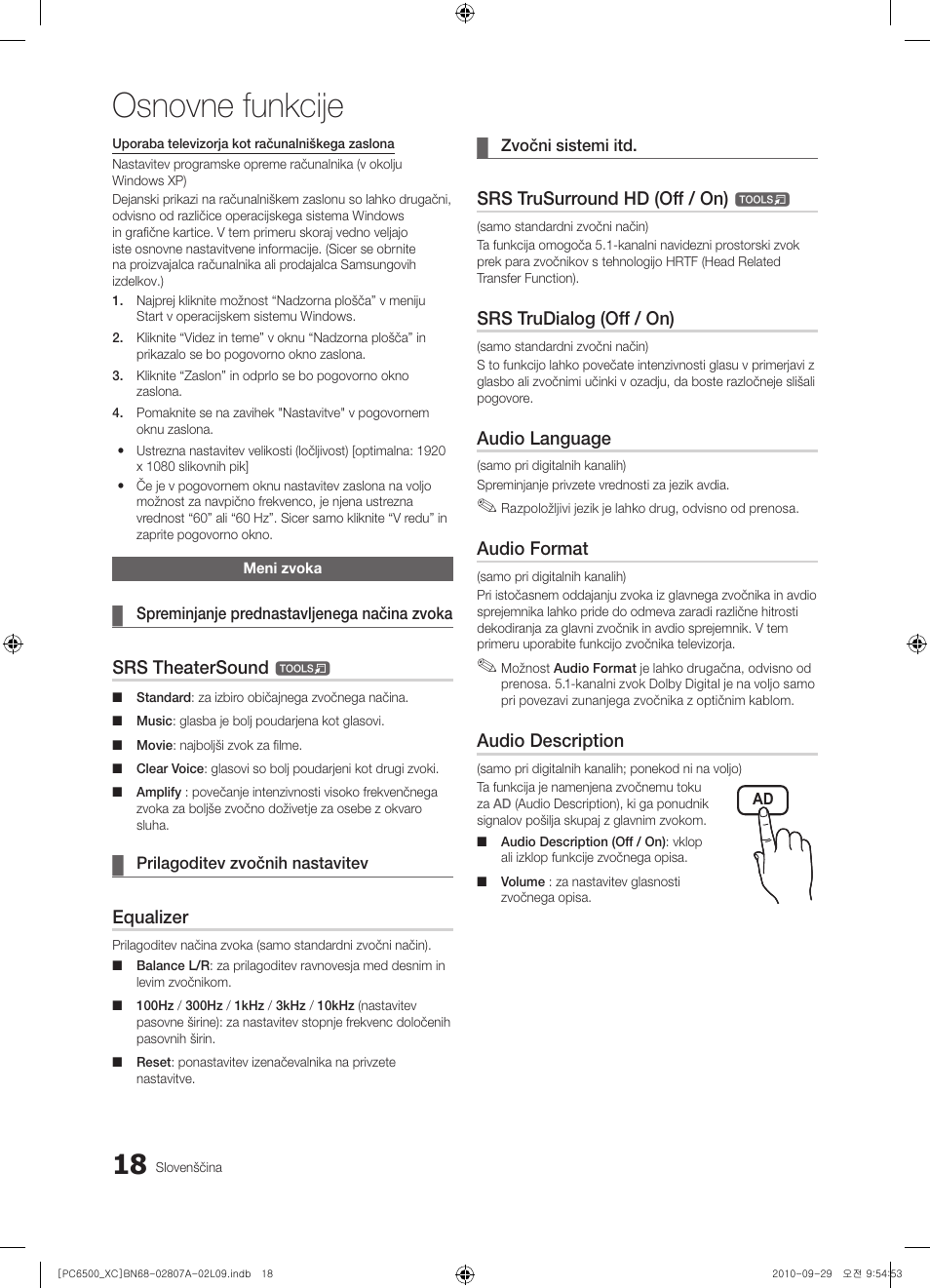 Osnovne funkcije, Srs theatersound, Equalizer | Srs trusurround hd (off / on), Srs trudialog (off / on), Audio language, Audio format, Audio description | Samsung PS50C6500TW User Manual | Page 404 / 499