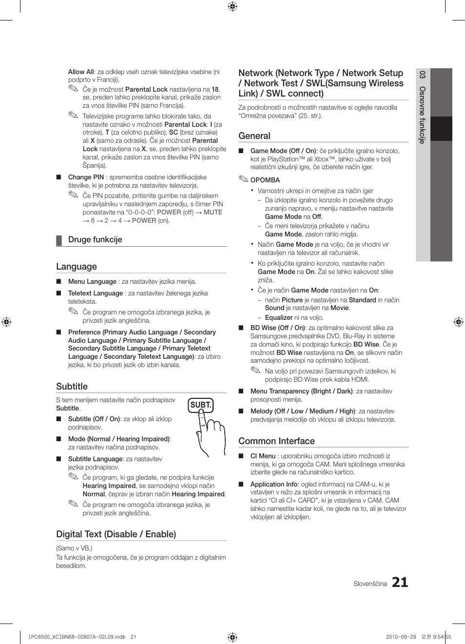 Language, Subtitle, Digital text (disable / enable) | General, Common interface | Samsung PS50C6500TW User Manual | Page 407 / 499