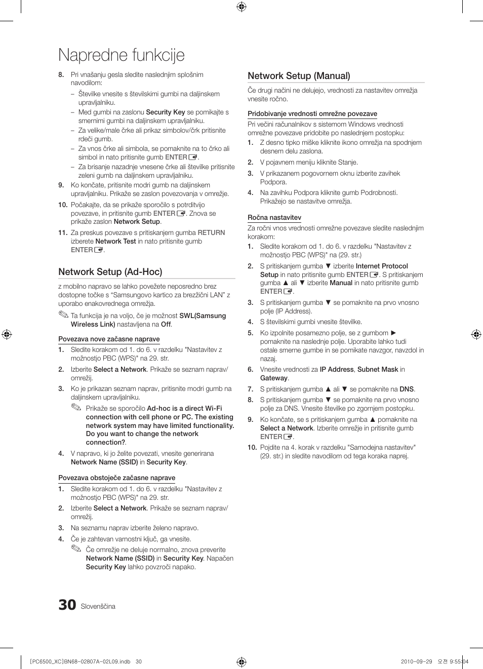 Napredne funkcije, Network setup (ad-hoc), Network setup (manual) | Samsung PS50C6500TW User Manual | Page 416 / 499