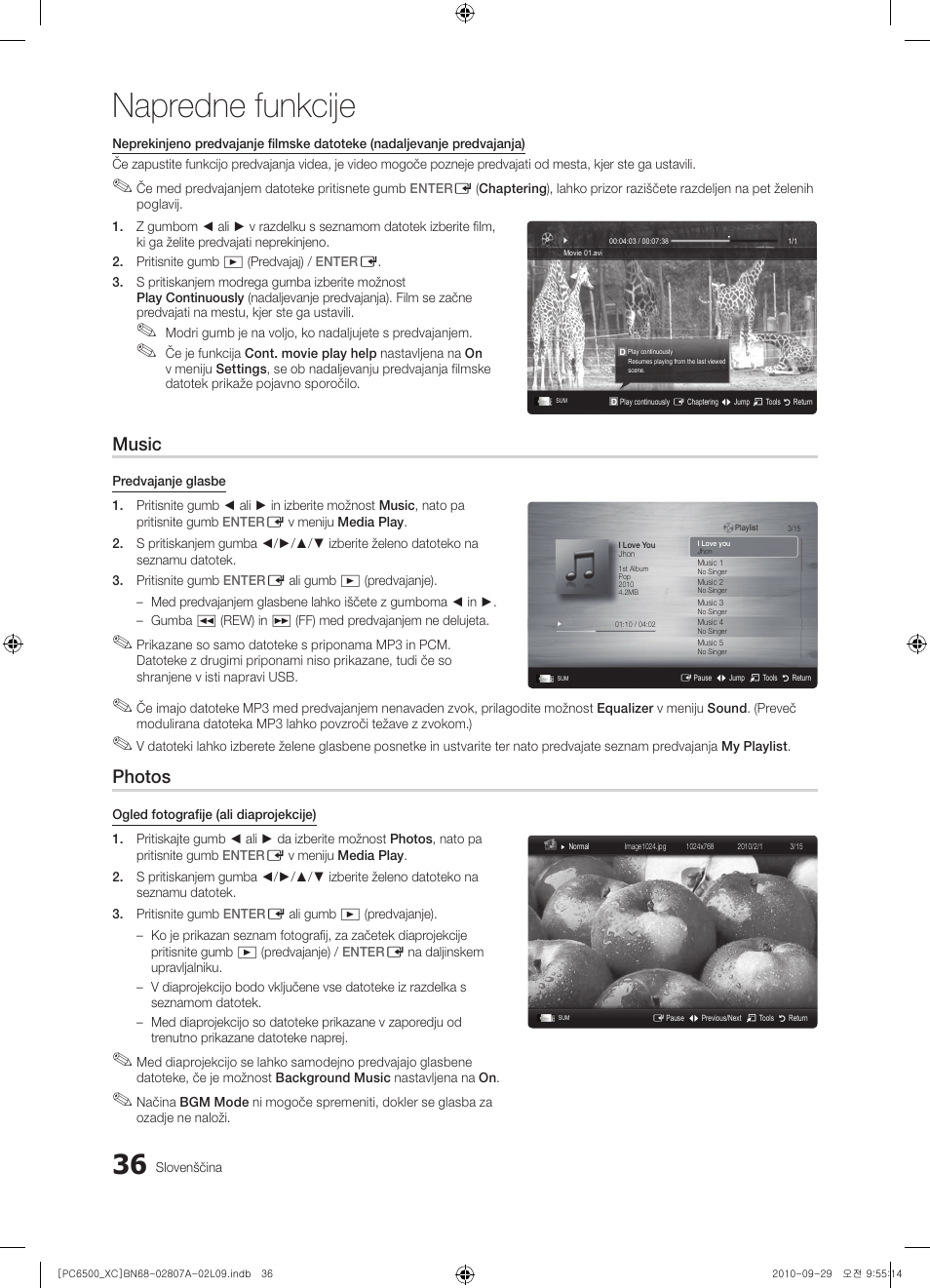 Napredne funkcije, Music, Photos | Samsung PS50C6500TW User Manual | Page 422 / 499