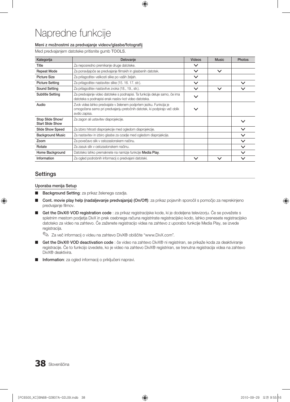 Napredne funkcije, Settings | Samsung PS50C6500TW User Manual | Page 424 / 499